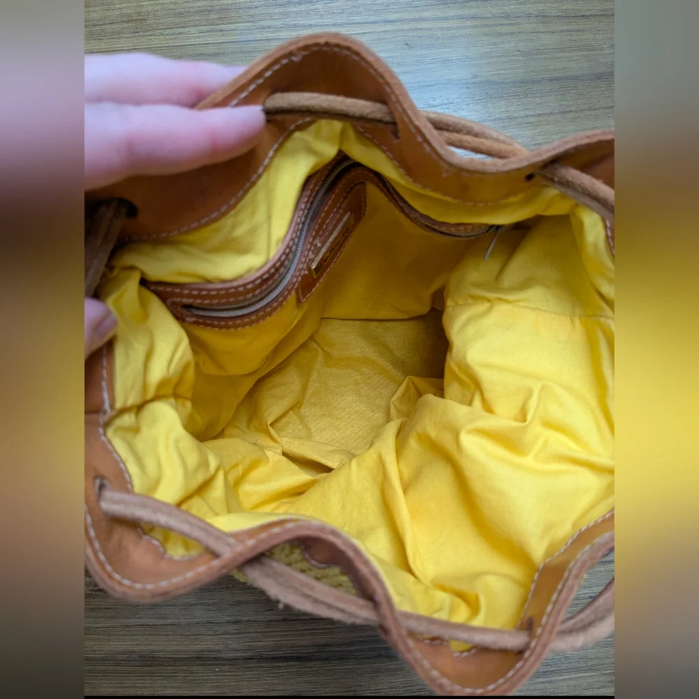 VTG Talbots Yellow Boho Woven Crochet Leather Drawstring Small Bucket Handbag